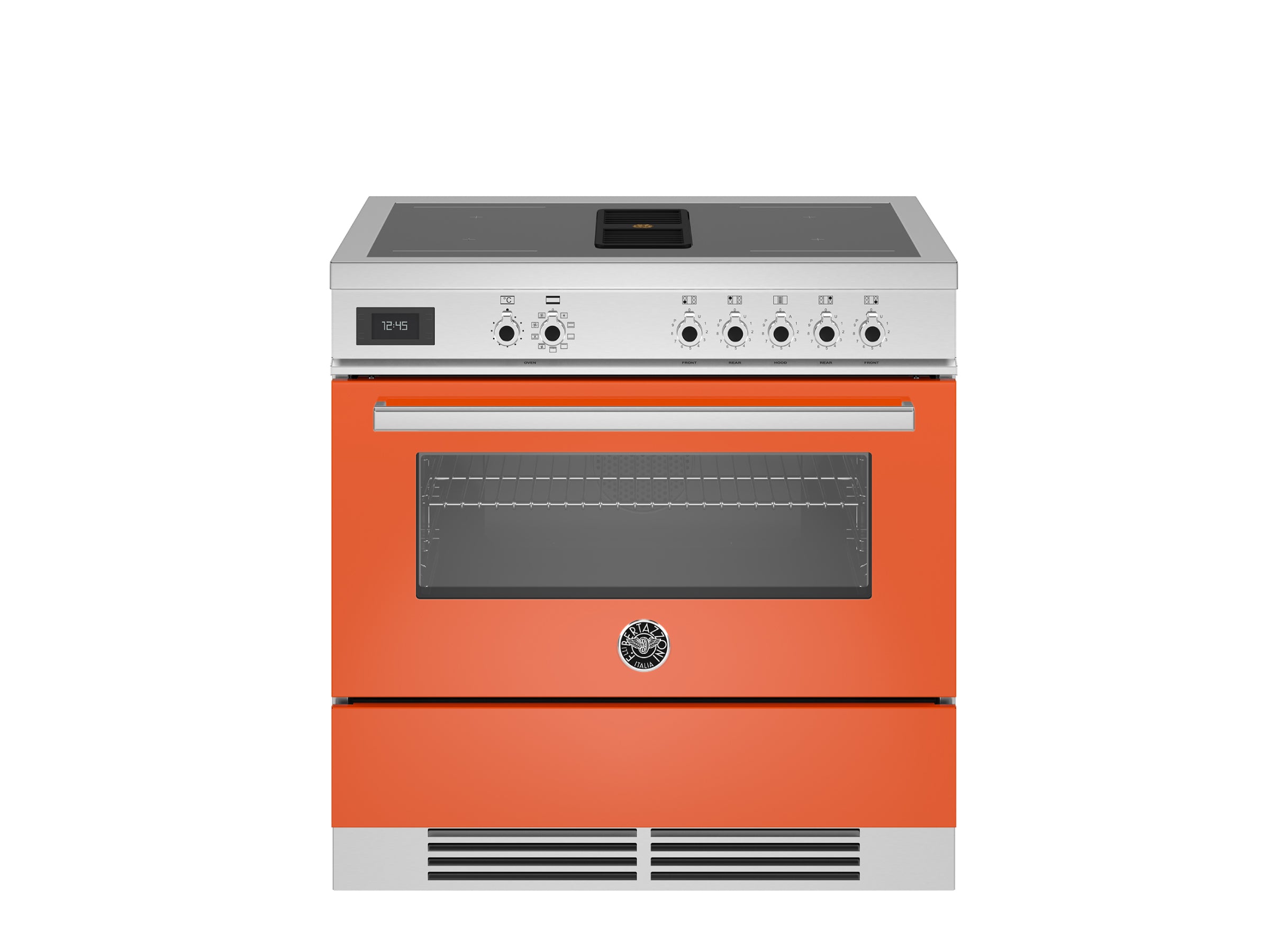 Bertazzoni 90 cm Air-Tec cooker with induction top and integrated hood, electronic oven Professional Series-Arancio (Orange)