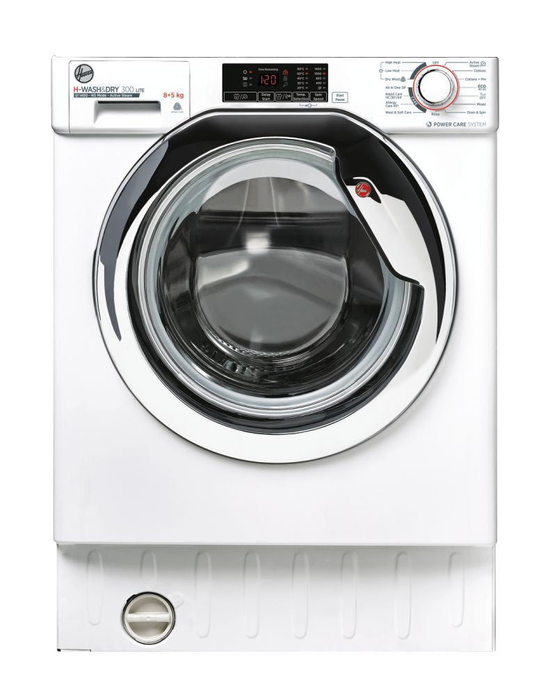 Clearance Hoover HBDS485D1ACE-80 Built-In Integrated Washer Dryer 8/5kg, 1400rpm, white & chrome