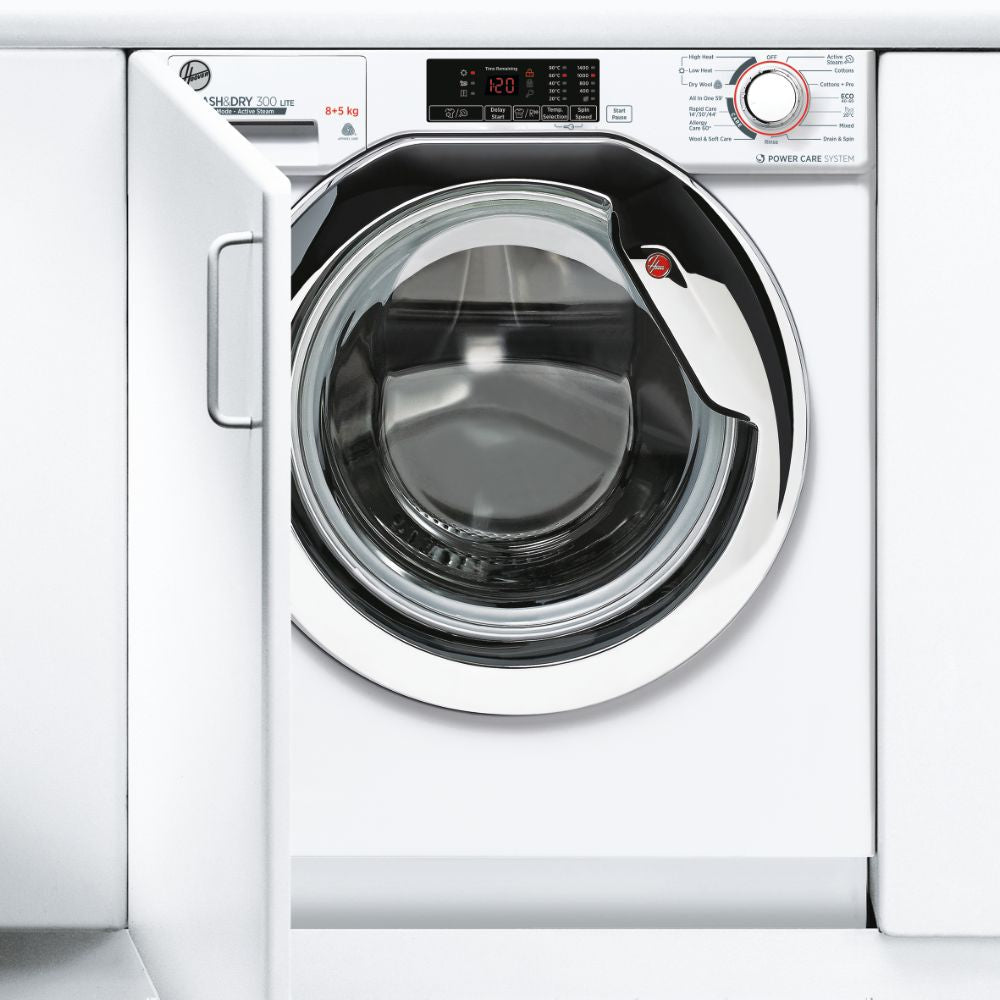 Clearance Hoover HBDS485D1ACE-80 Built-In Integrated Washer Dryer 8/5kg, 1400rpm, white & chrome