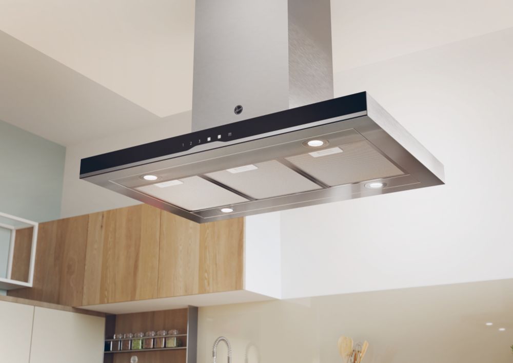 Hoover HTSI9CBK5XWIFI 90cm Wi-Fi Island hood, black glass & SS trim