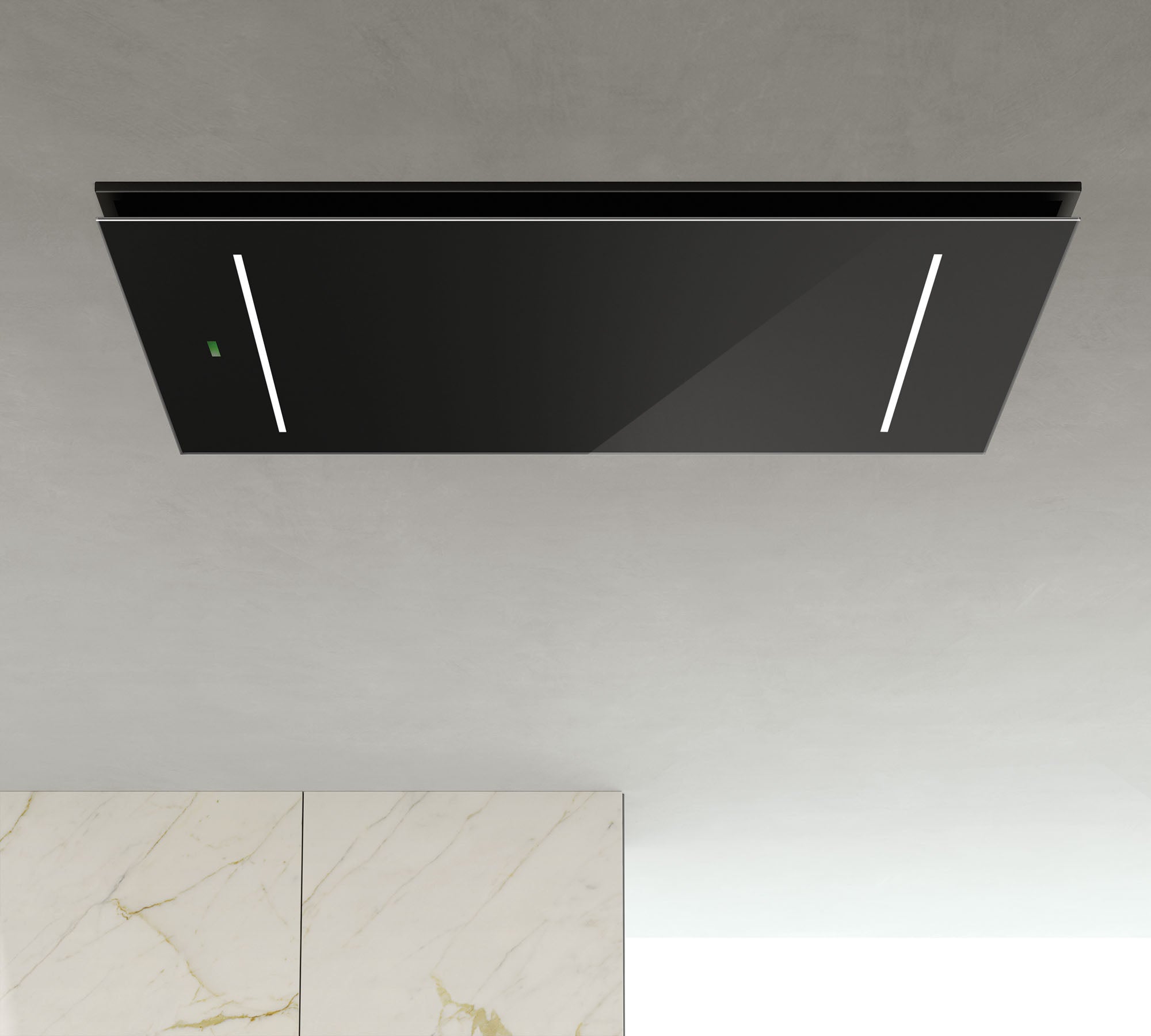 Airforce F207 100cm Easy Up Island Ceiling Cooker Hood with Black Steel Surround & Black Glass Panel