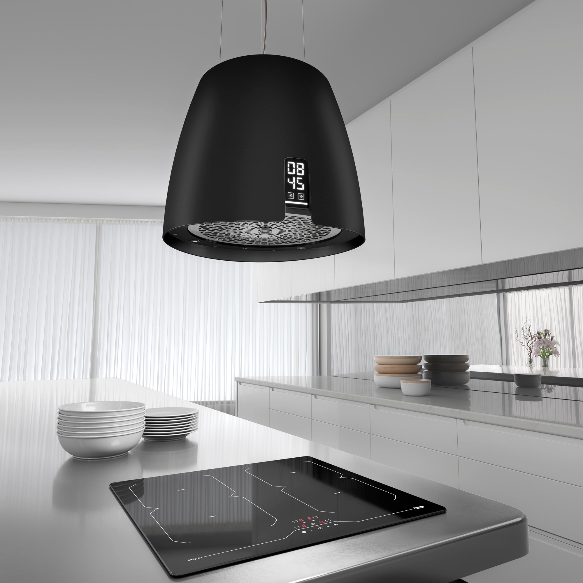 Airforce Ballerina Crisalide 47.5cm Island Cooker Hood with Touch Control & Digital Clock Satin Black Finish