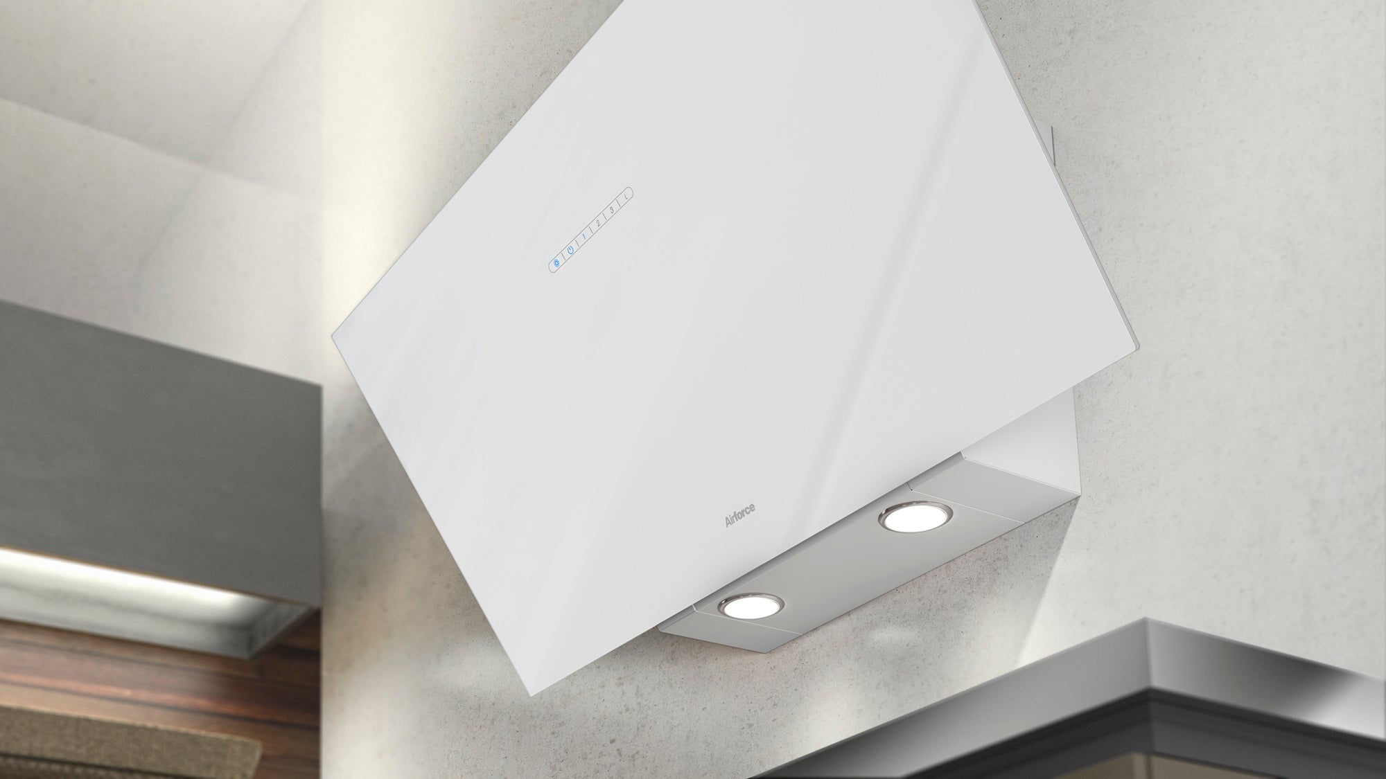 Airforce F203 80cm Angled Wall Mounted Cooker Hood- White Glass