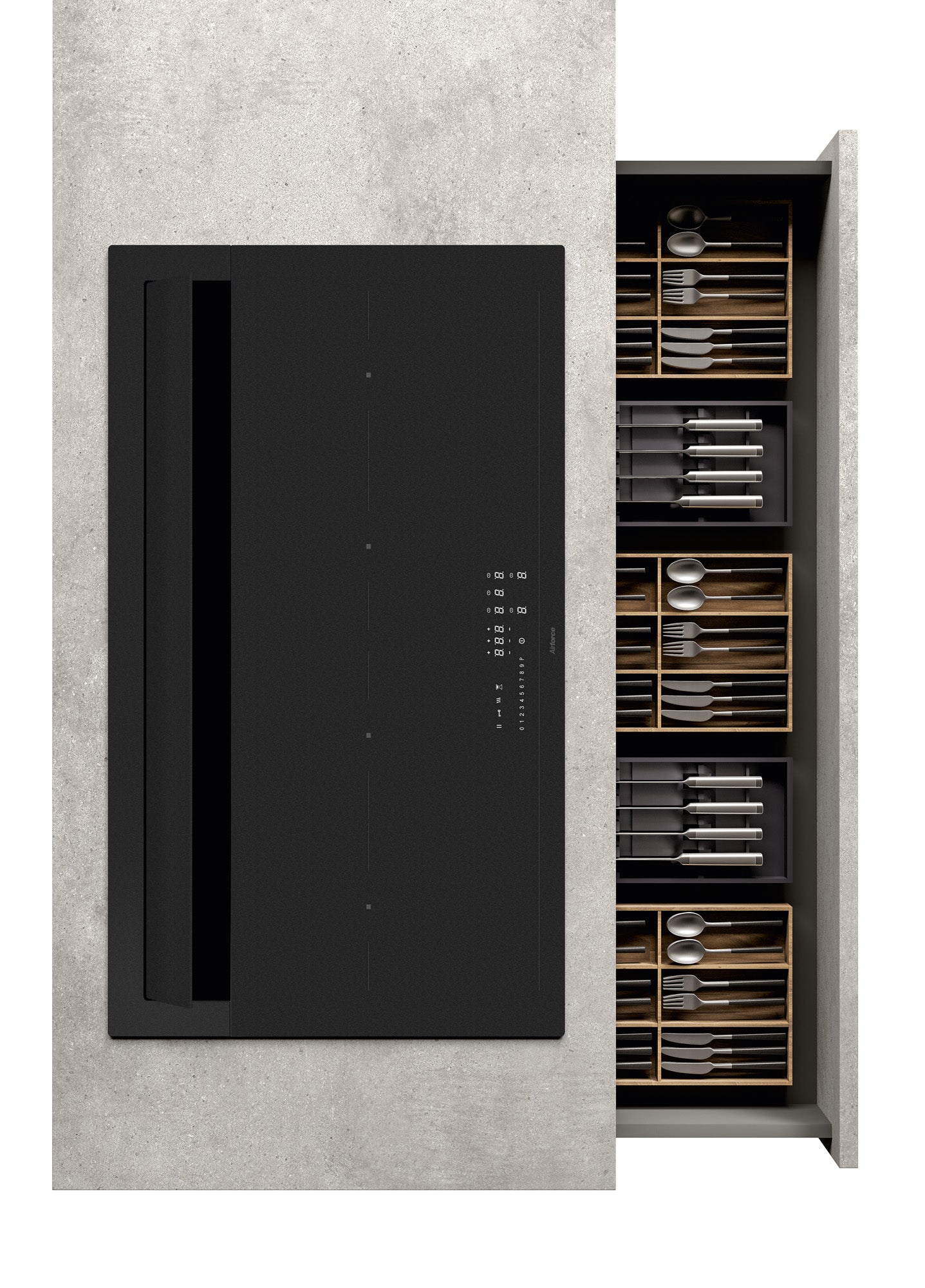 Airforce Innova Plus Petra Filtering 90cm Induction Hob with Vertical Rear Motor & Rear Downdraft Full Matt Glass Finish