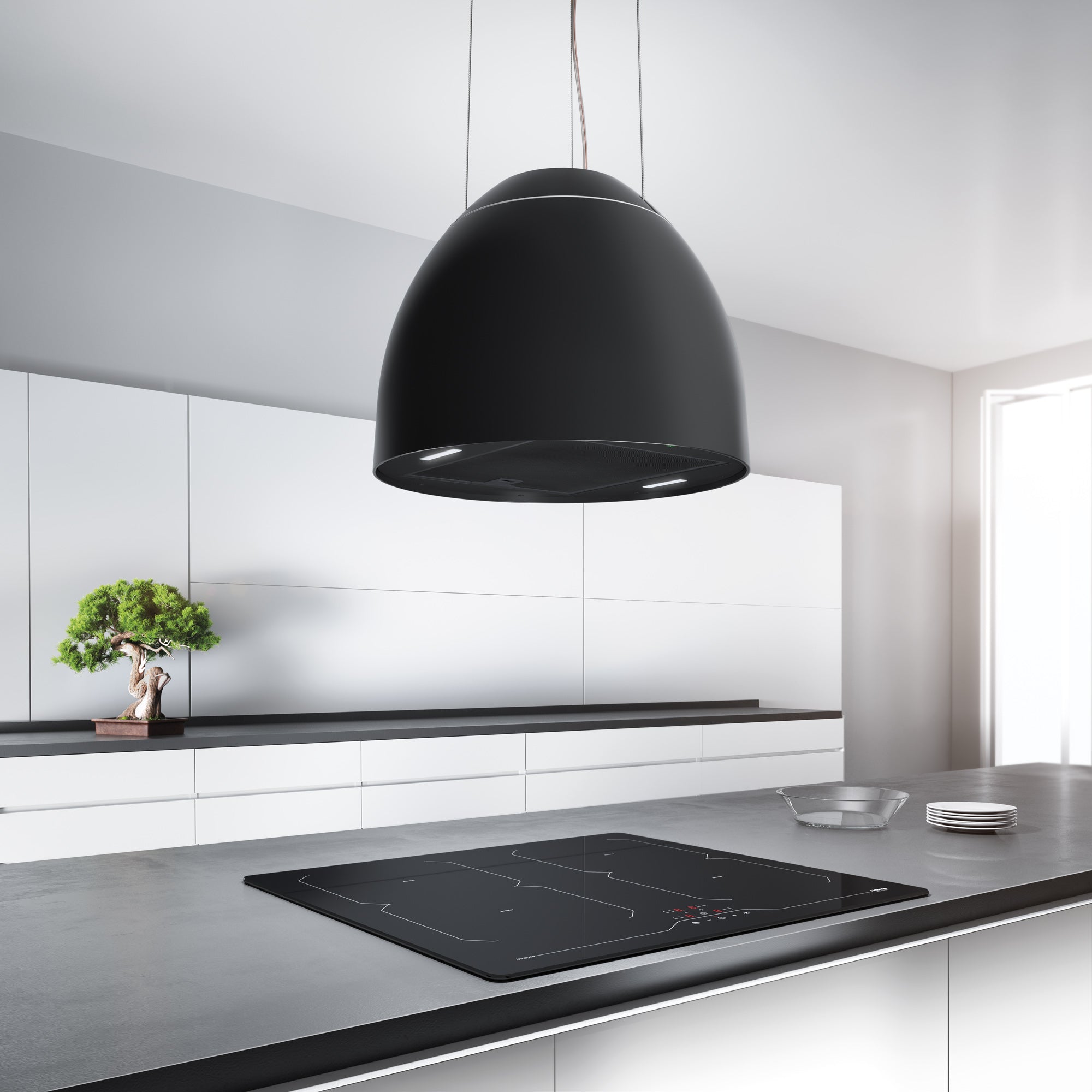 Airforce New Moon 45cm Island Cooker Hood in Complete Black Satin Finish with Slim LED Lights