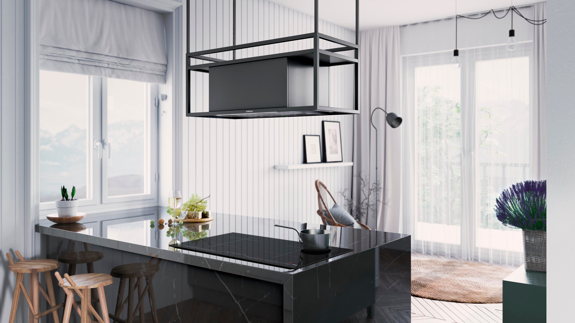 Airforce Q-BIC 120cm Island cooker hood anthracite & black glass finish- on poles