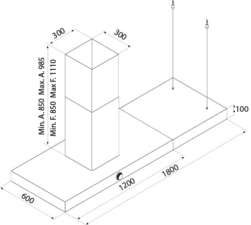 Airforce VIS BOXY NO DROP Island Cooker Hood 180cm Extraction on Right Hand Side-Antracite finish