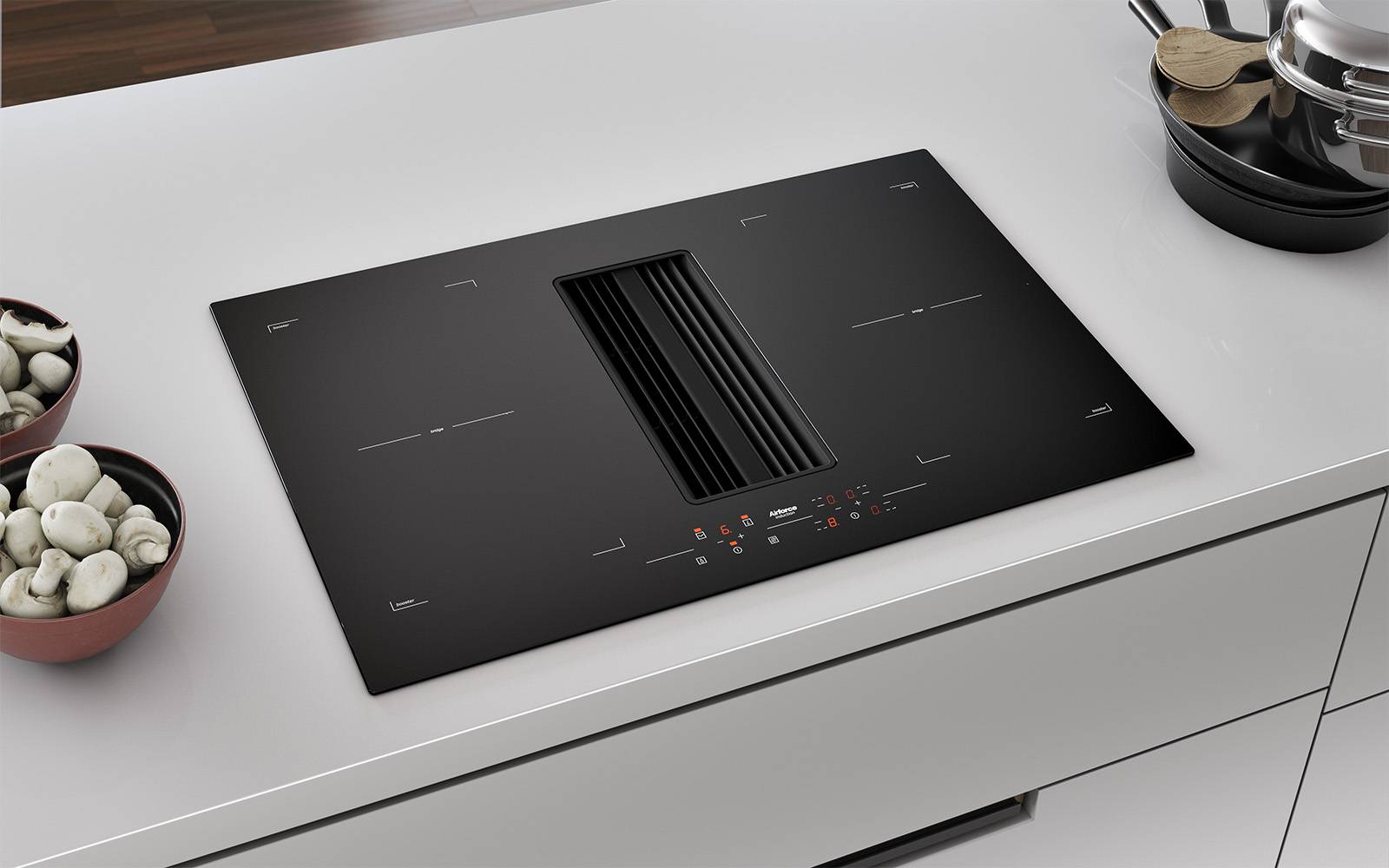 Airforce On-Board Essence 80cm Induction Hob with Central Downdraft-Black Glass Finish