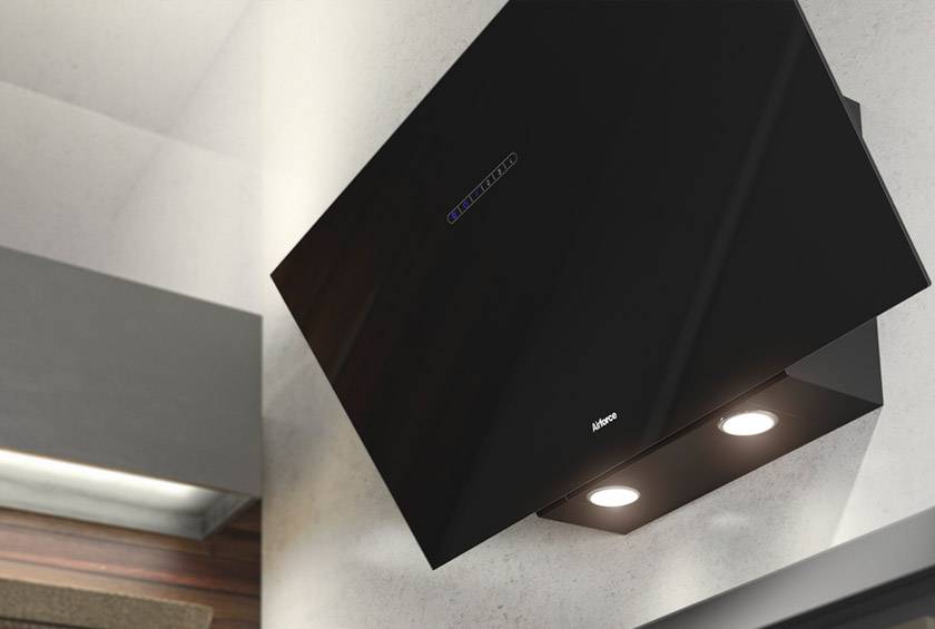 Airforce F203 60cm Angled Wall Mounted Cooker Hood with Touch Controls- Black Glass