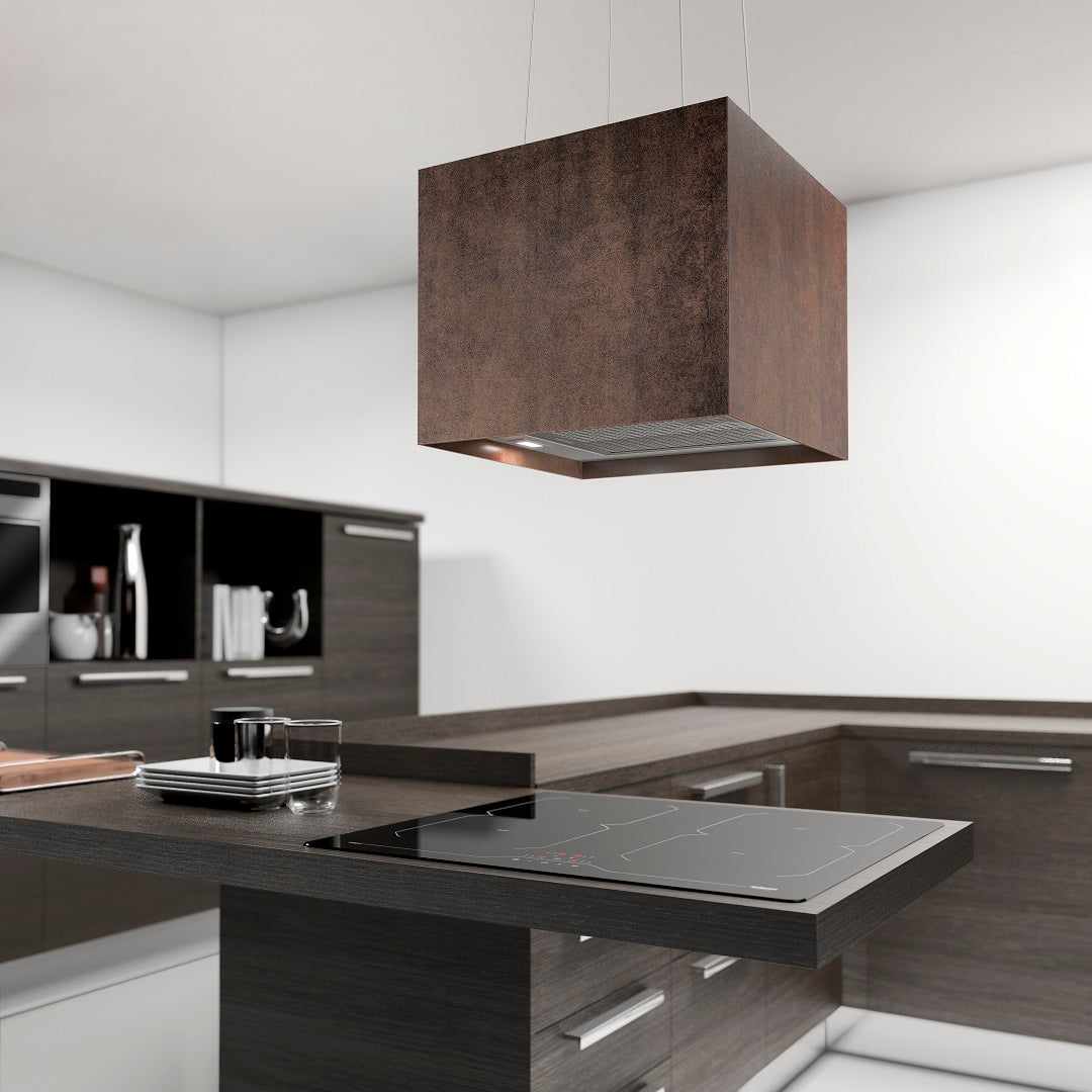 40cm Island LED Lamp Cooker Hood - Airforce Concrete - Brown Oxide - Installed Example