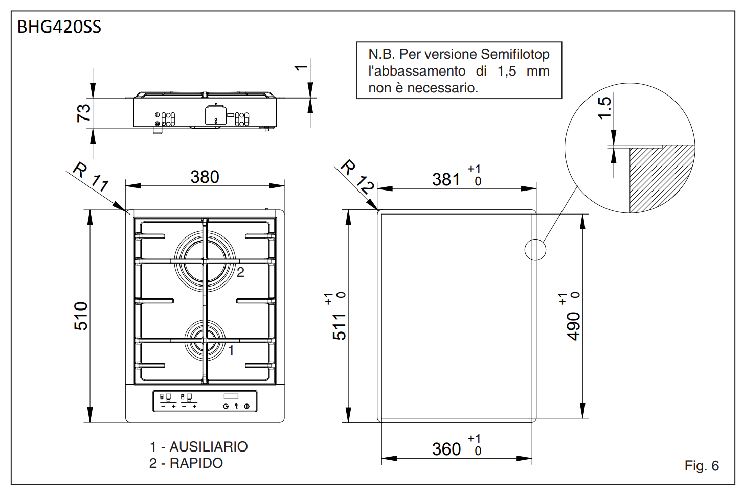 Baumatic BHG420SS 38cm Premium-Line Touch Control Gas Hob in Stainless steel