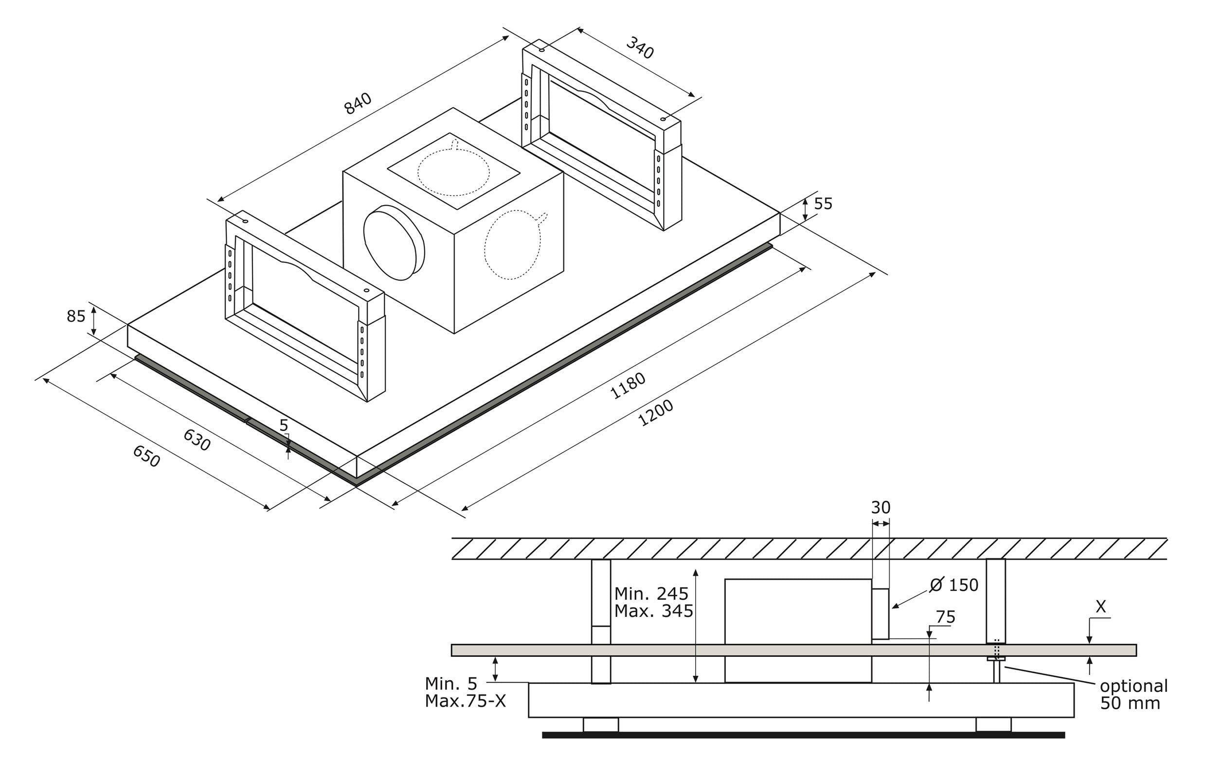 120cm Remote Control Ceiling Cooker Hood - Airforce F139 A - Technical Drawing
