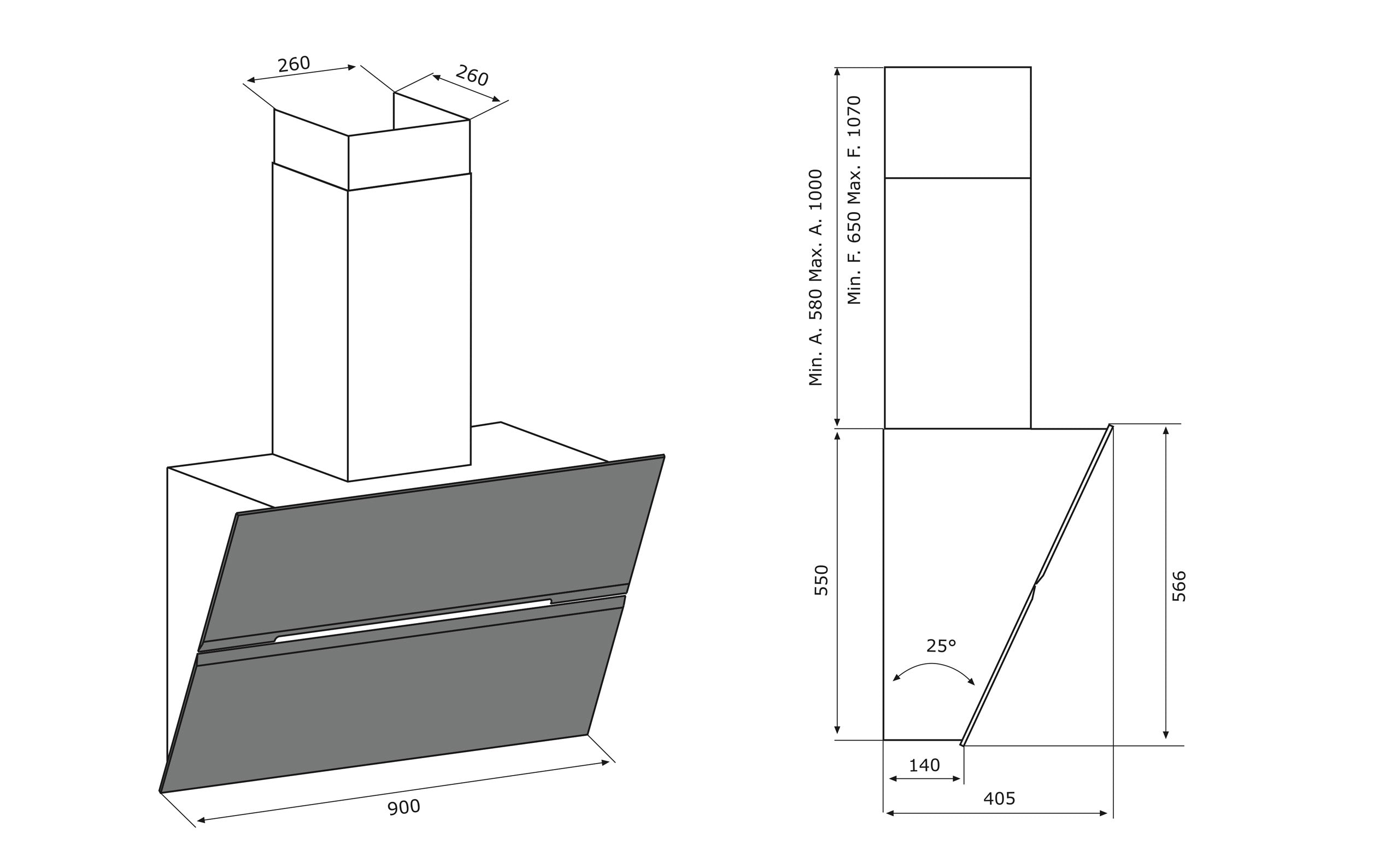 Airforce F179 90cm Wall Mounted Designer Cooker Hood - White Glass Technical Image