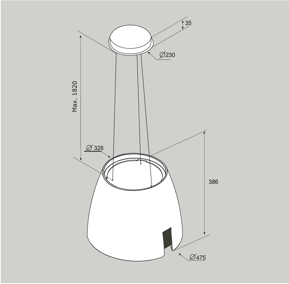 47.5cm Island Lamp Cooker Hood with Integra System - Airforce Ballerina - Black - Technical Drawing