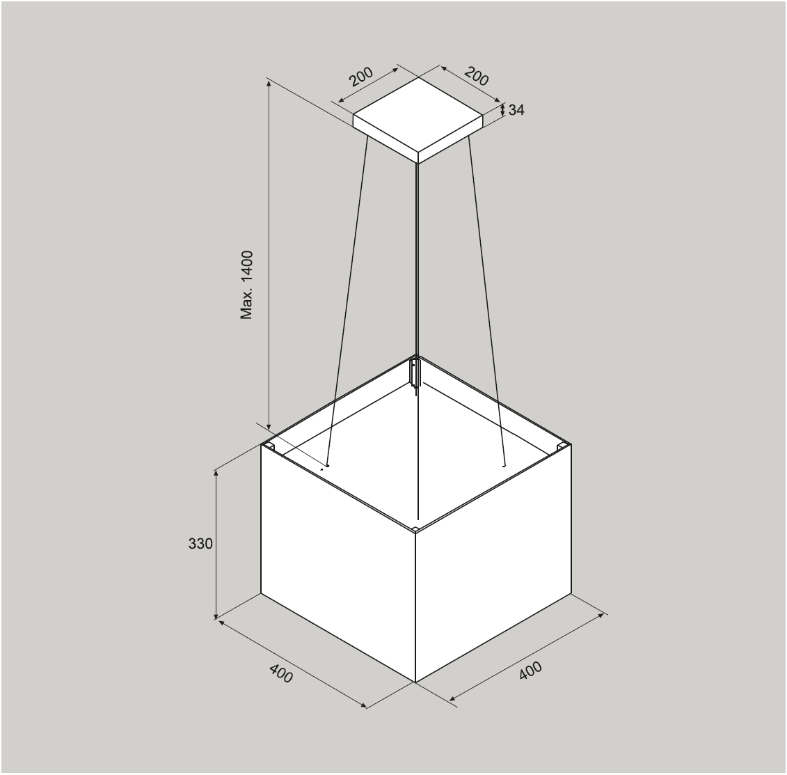 40cm Island LED Lamp Cooker Hood - Airforce Concrete - Grey - Technical Drawing