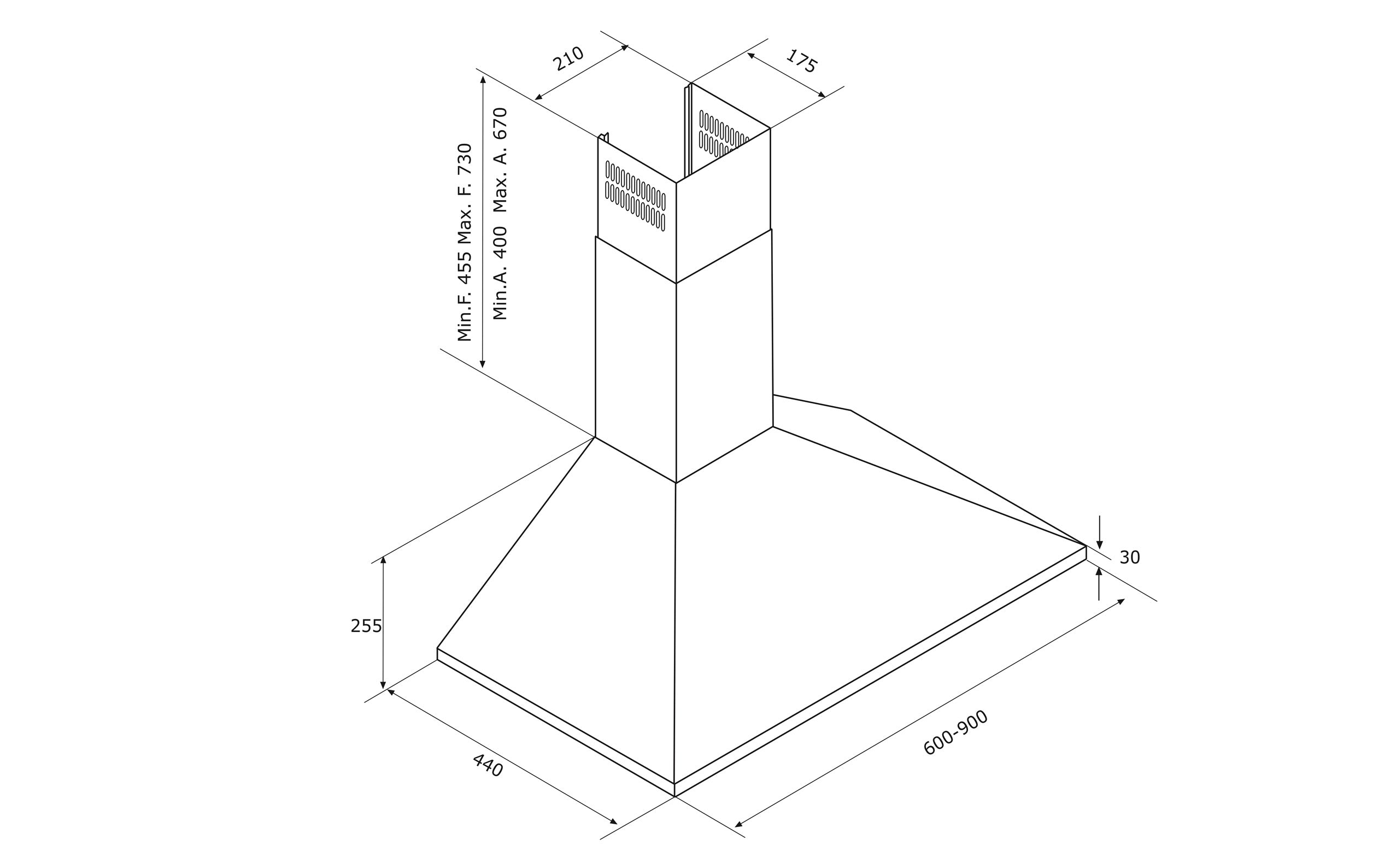 60cm LED Lamp Chimney Style Cooker Hood - Airforce F0 D2 - St/Steel - Technical Drawing