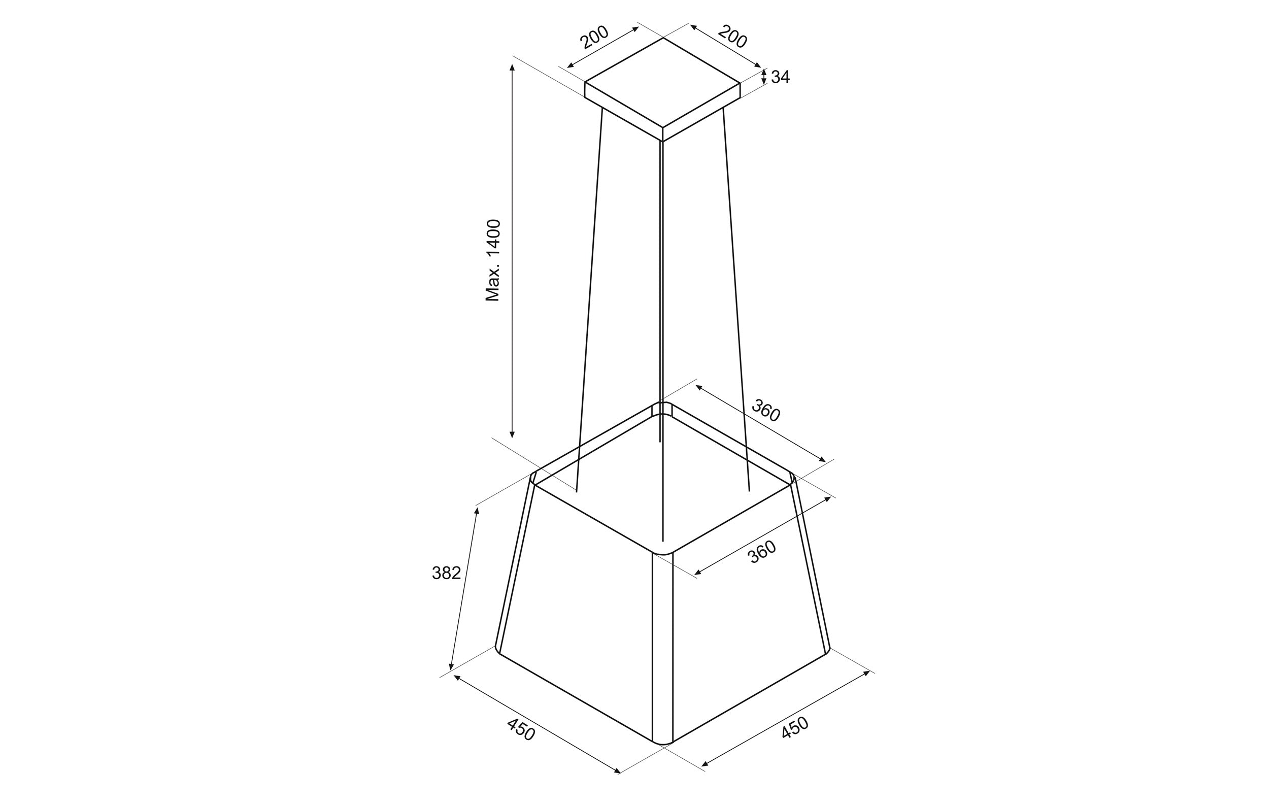 50cm Island Lamp Cooker Hood with Integra- Airforce F164 - St/Steel Technical Drawing