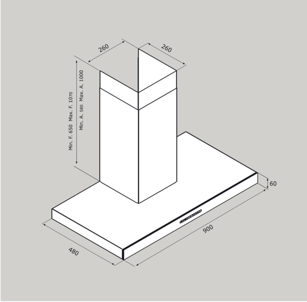 Airforce F205 90cm Wall Mounted Slim Line Cooker Hood - White Glass - Technical Image