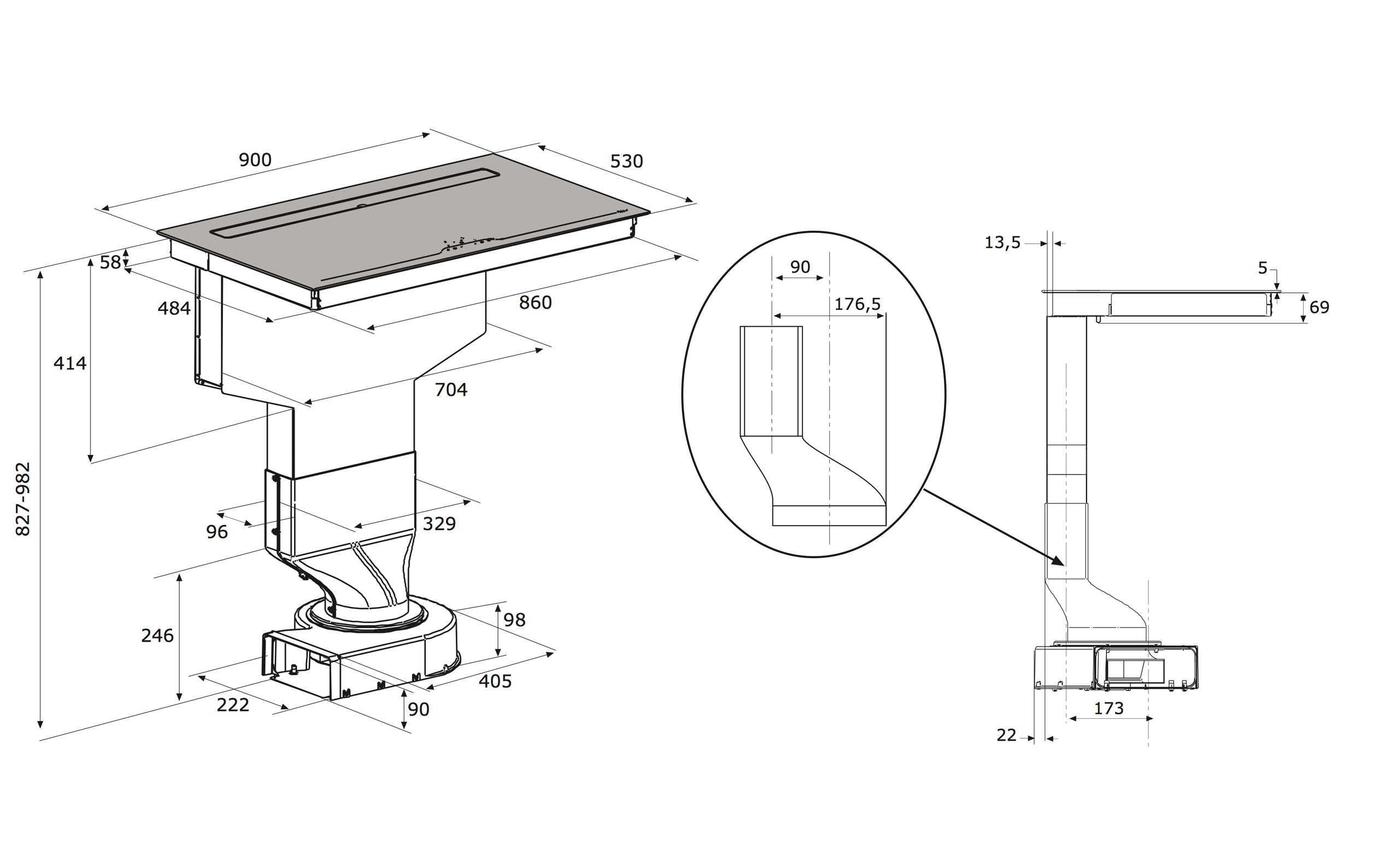 Airforce Aspira Slim POP 90cm Induction hob with Rear Downdraft Extraction