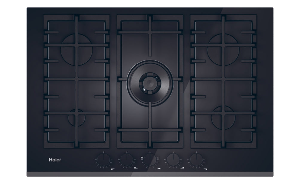 Haier HAVG75TBBP 75cm Gas on Glass Hob Perfect flame system, Left 5kW Wok burner, All black burners, Bevelled edge ceramic glass