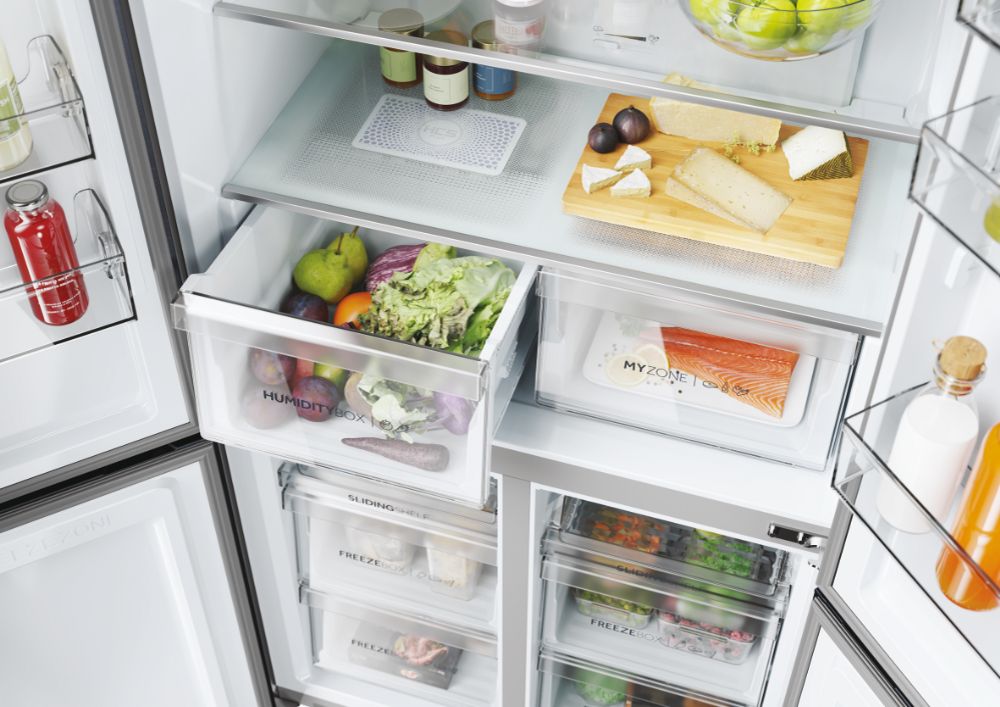 Haier HCR5919ENMP(UK) 90cm Cube 4 Door Fridge Freezer- Platinum Inox