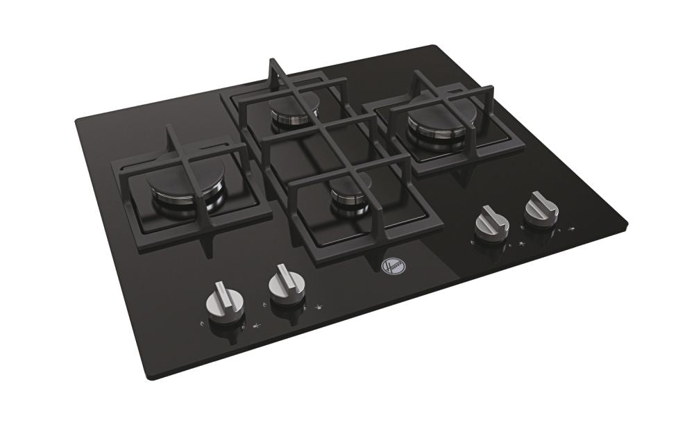 Hoover HVG6DK3B 60 cm Gas Hob, 4 burners, Front control, Cast Iron Pan Supports, Black Glass