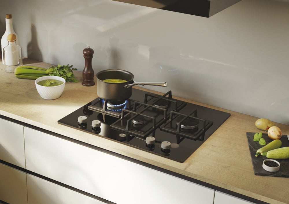 Hoover HVG6DK3B 60 cm Gas Hob, 4 burners, Front control, Cast Iron Pan Supports, Black Glass