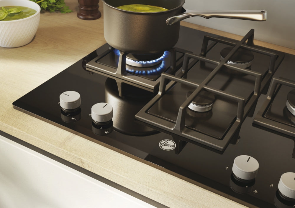 Hoover HVG6DK3B 60 cm Gas Hob, 4 burners, Front control, Cast Iron Pan Supports, Black Glass