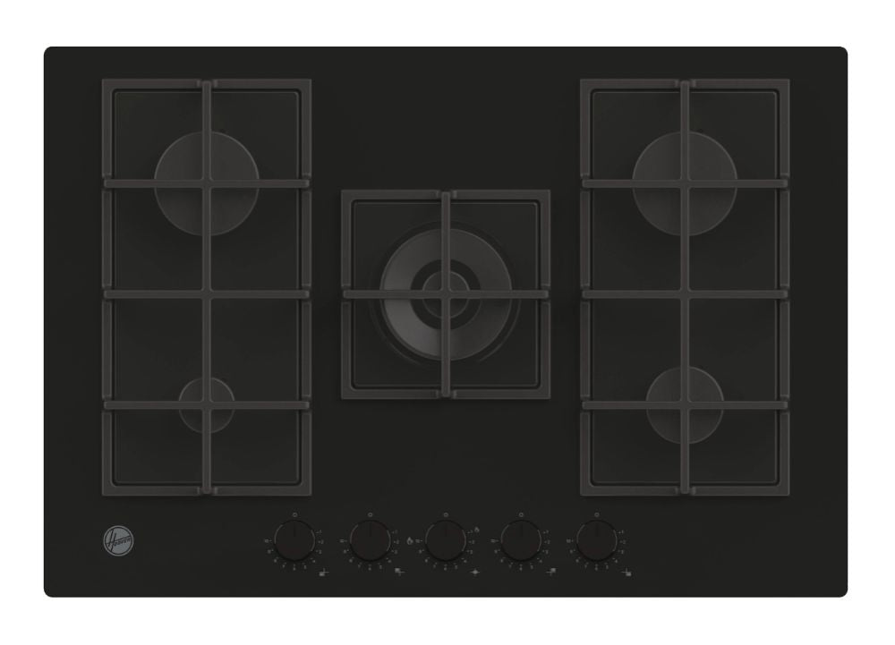 Hoover HVG74WC5B 75 cm Gas Hob, 5 burners (incl wok burner), Front control, Cast iron pan stands, Black Glass