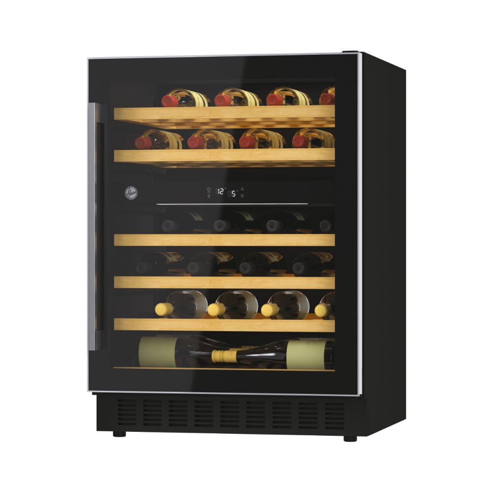 Hoover HWCB 60 UK/N 60cm wine cooler, 46 bottles, dual zone, Black with slim Stainless Steel Frame