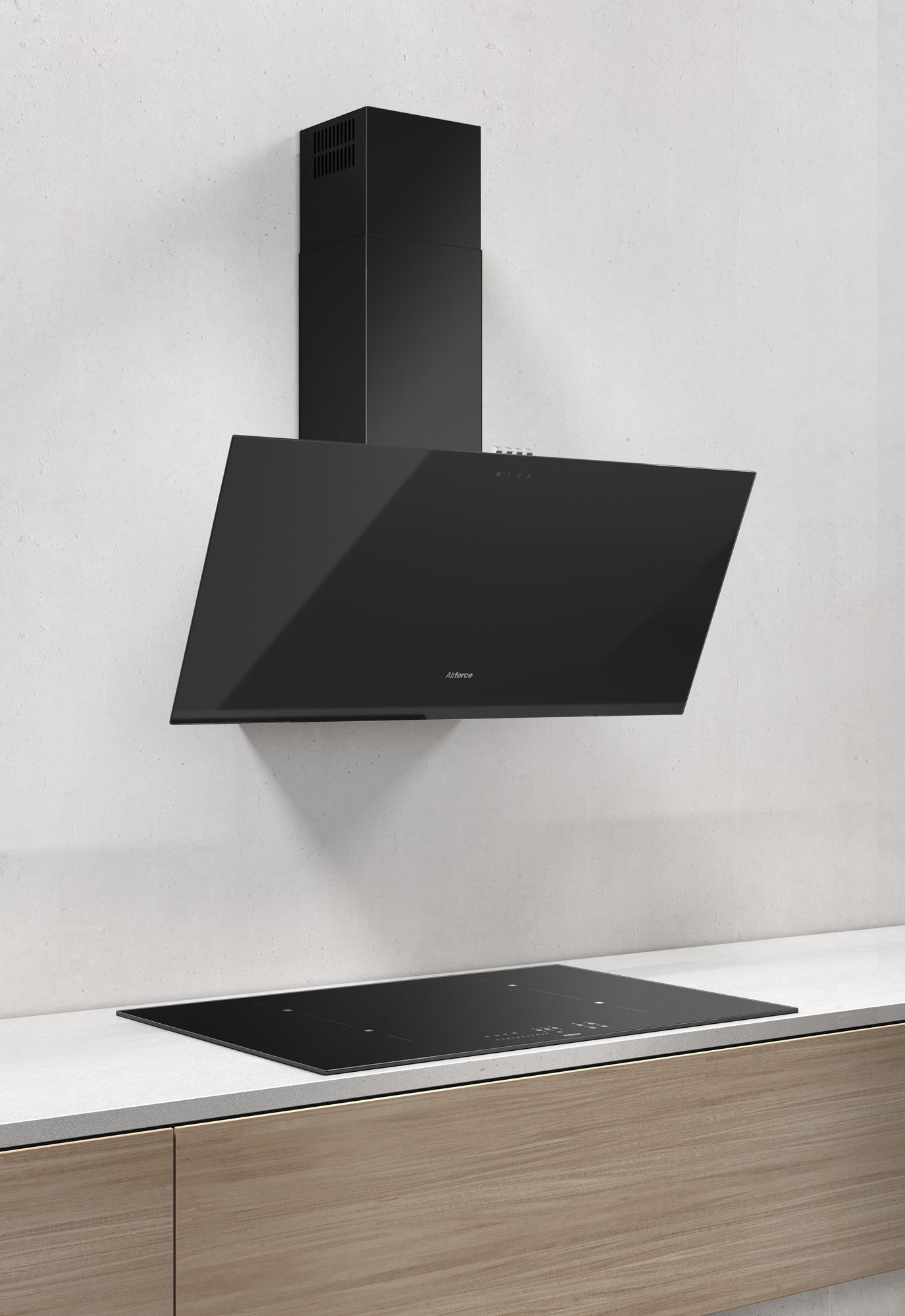 Airforce Alpha 60cm Wall Mounted Cooker hood with Push button Control, Integra Ready- Black glass finish