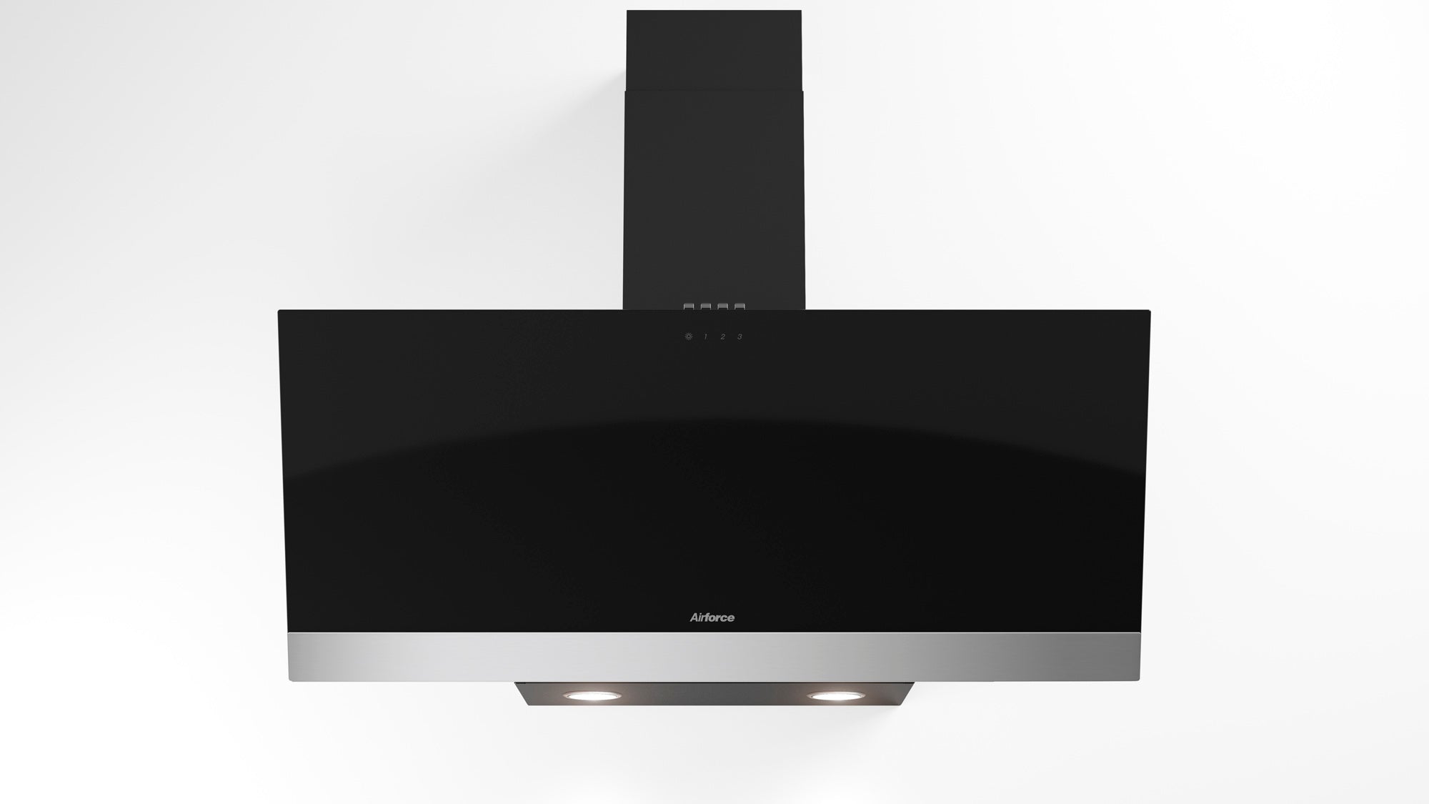 Airforce Alpha S 90cm Wall Mounted Cooker Hood with Push Controls, Integra Ready-Black Glass & Stainless Steel Strip Finish