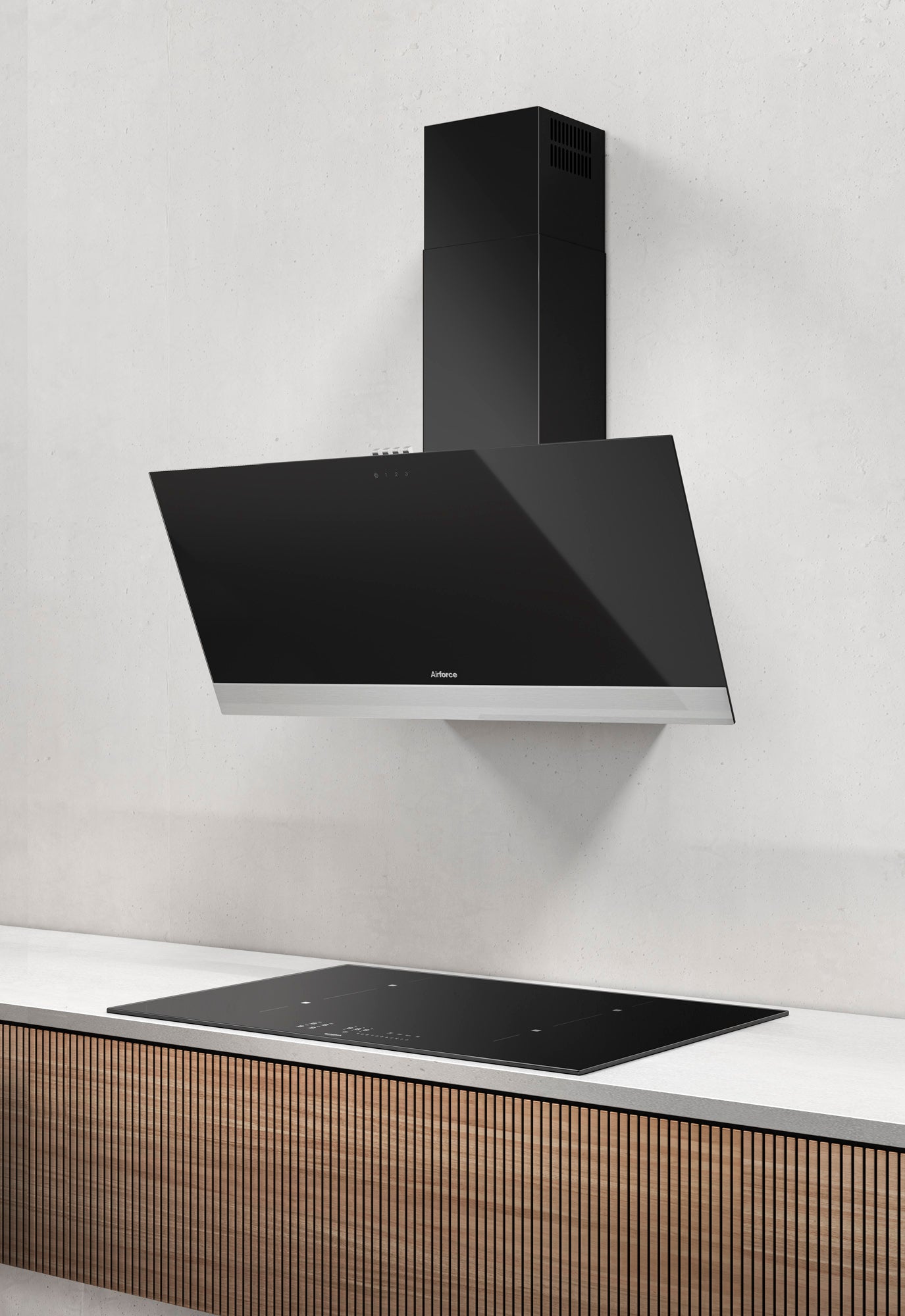 Airforce Alpha S 80cm Wall Mounted Cooker Hood with Push Button Controls, Integra Ready-Black Glass & Stainless Steel Strip Finish