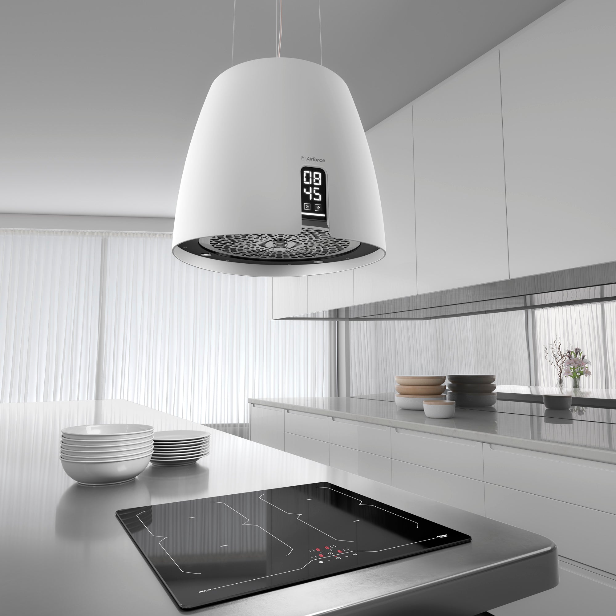 Airforce Ballerina Crisalide 47,5cm Island Cooker Hood with Control & Digital Closck Display in Satin White Finish