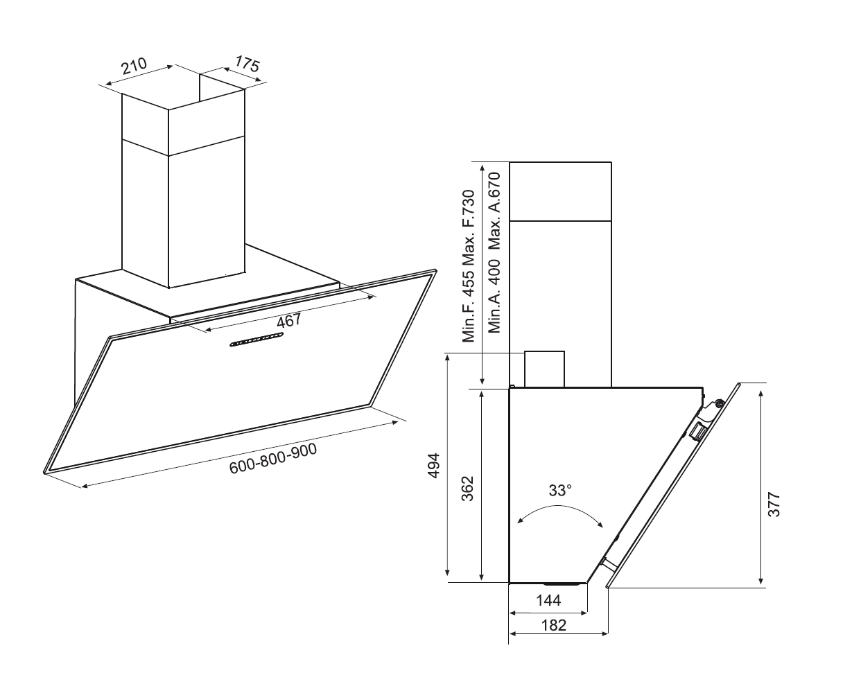 Airforce F203 60cm Angled Wall Mounted Cooker Hood - Black Glass