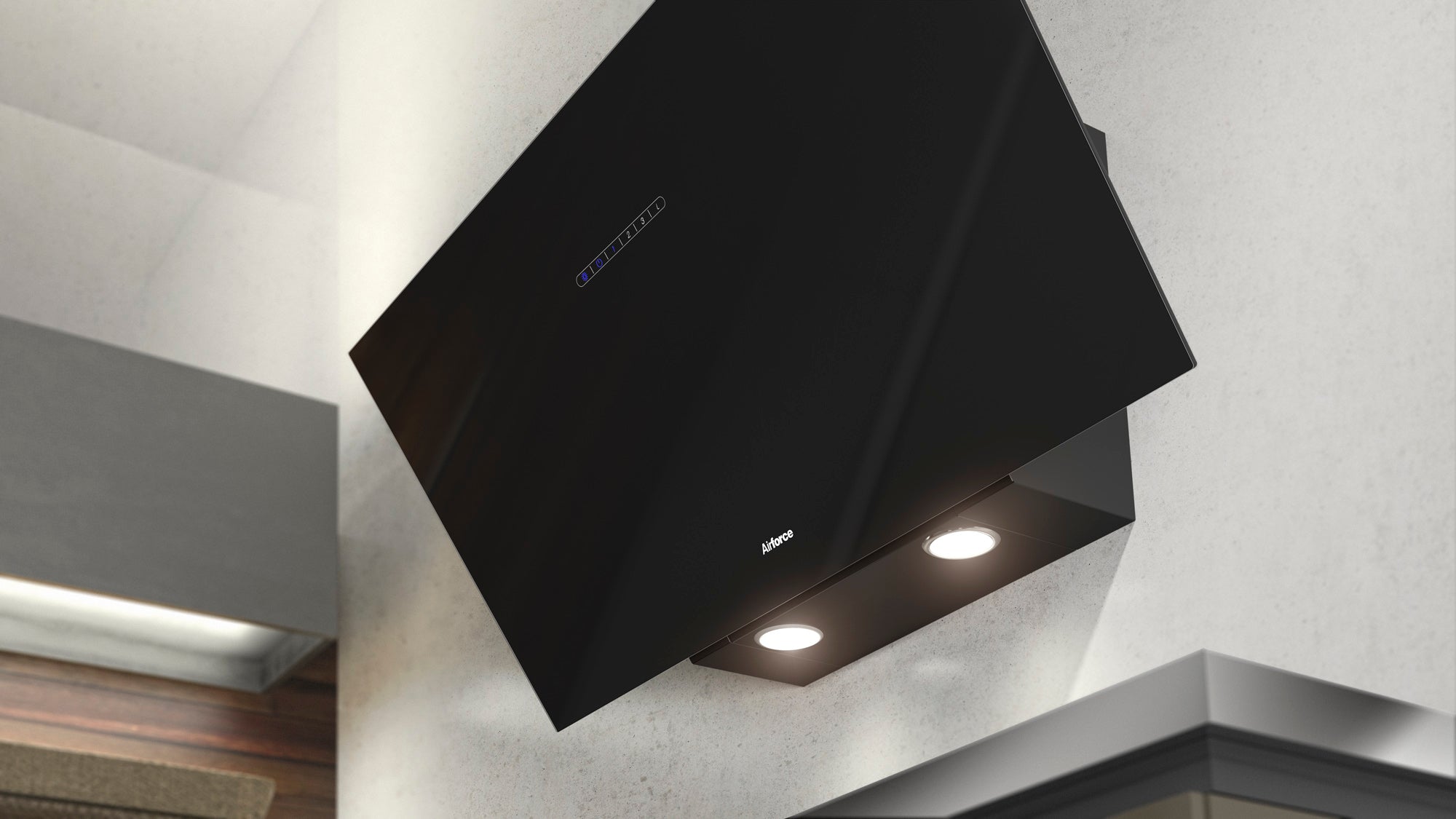 Airforce F203 90cm Automatic Angled Wall Mounted Cooker Hood with Touch Control- Black Glass