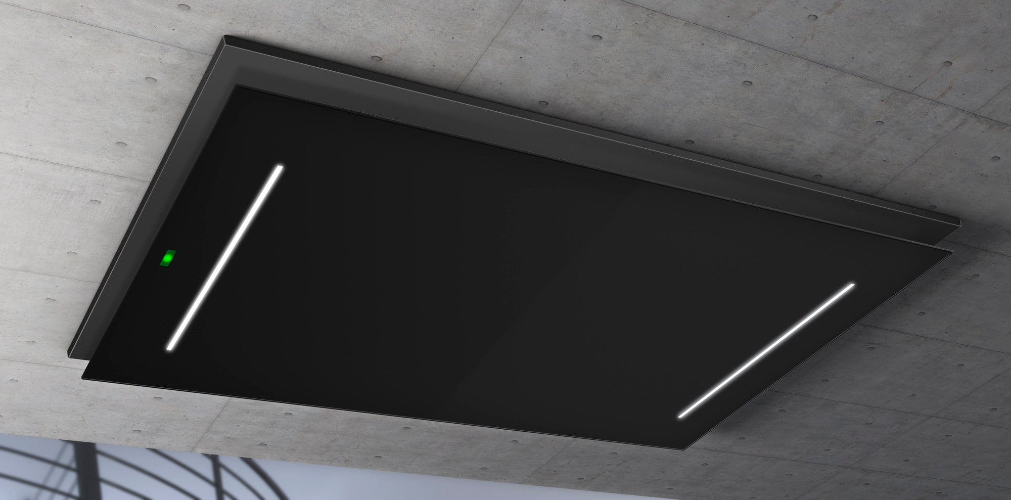 Airforce F207 100cm Easy Up Island Ceiling Cooker Hood with Black Steel Surround & Black Glass Panel