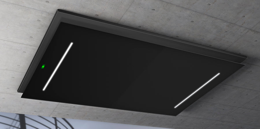 Airforce F207 100cm Easy Up Island Ceiling Cooker Hood with Black Steel Surround & Black Glass Panel