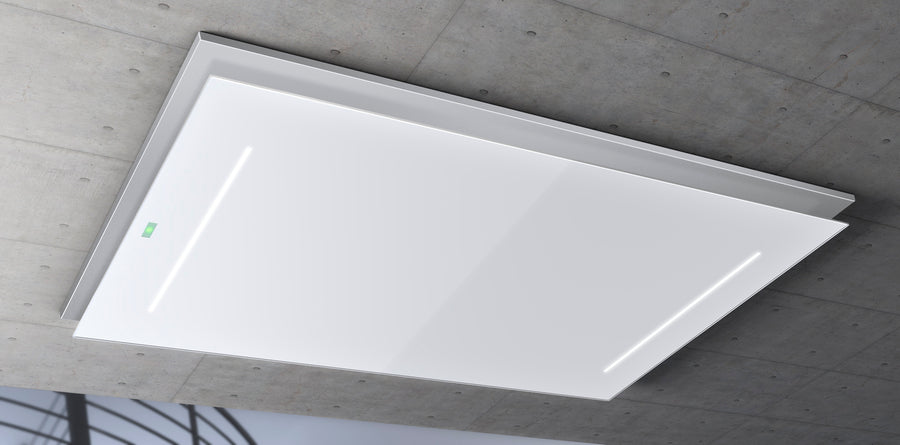 Airforce F207 100cm Easy Up Island Ceiling Cooker Hood with White Steel Surround & Glass Panel Remote Controlled