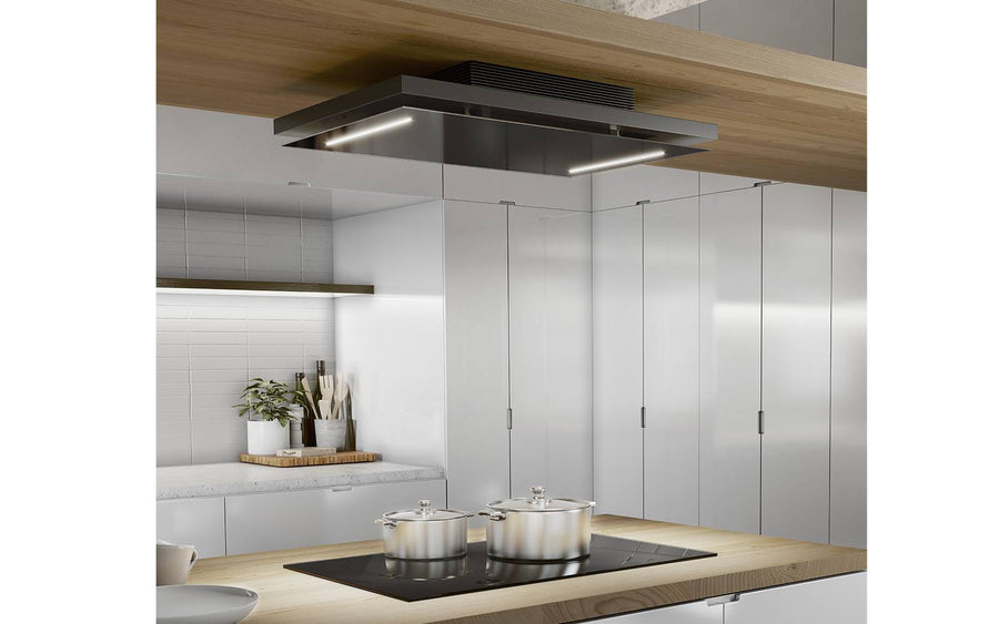 Airforce F207 EASYFIT 100cm Ceiling Mounted Filtering Cooker Hood with Remote Control in Complete Black Steel & Glass Finish