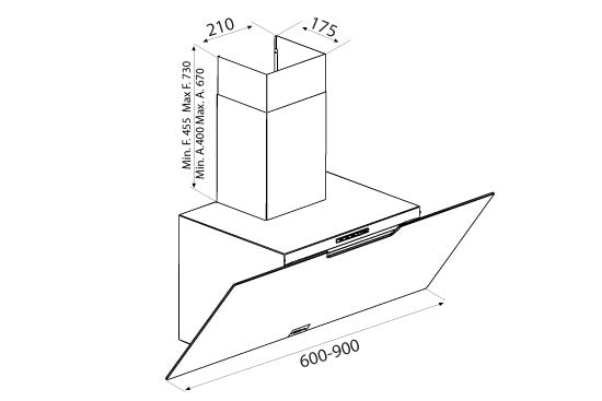 Airforce F212 90cm Angled Wall Mounted Cooker Hood with Soft Push Button Controls- Black Glass Finish