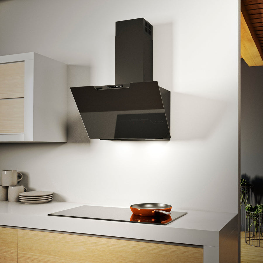 Airforce F212 80cm Angled Wall Mounted Cooker Hood with Soft Push Button Controls-Black Glass Finish
