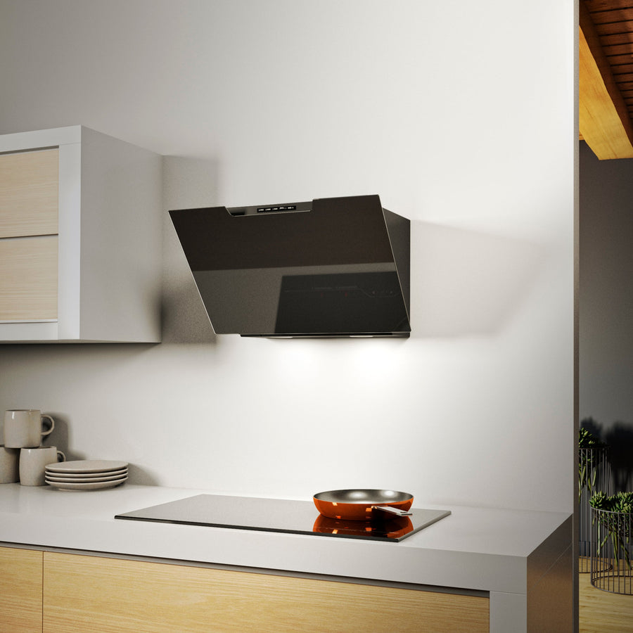 Airforce F212 80cm Angled Wall Mounted Cooker Hood with Soft Push Button Controls-Black Glass Finish