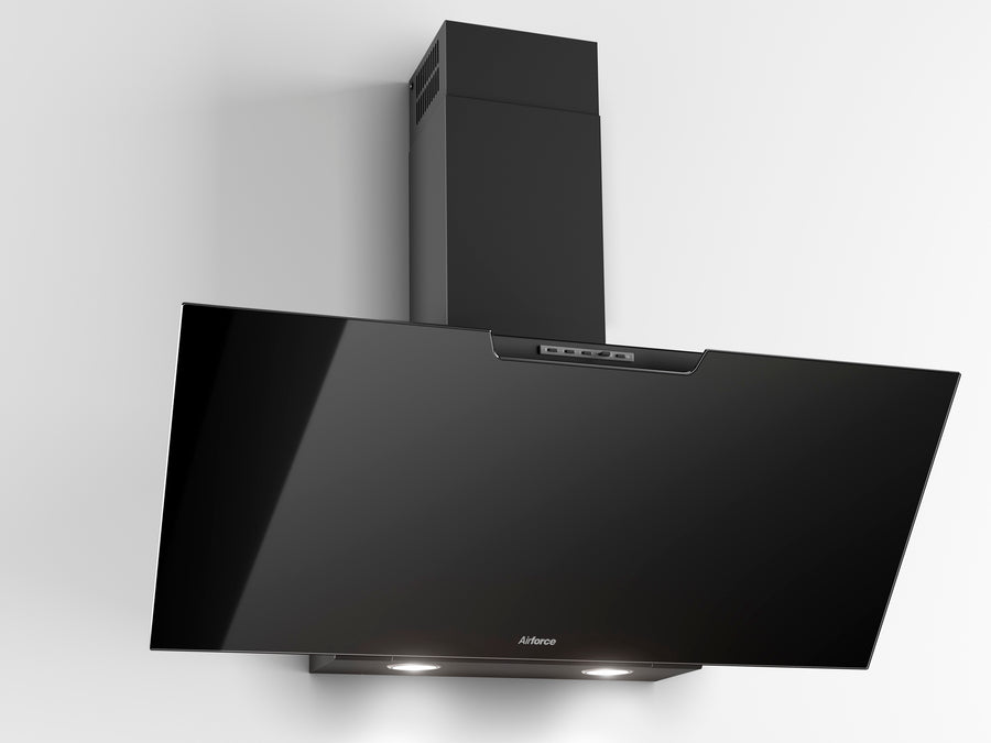 Airforce F212 80cm Angled Wall Mounted Cooker Hood with Soft Push Button Controls-Black Glass Finish