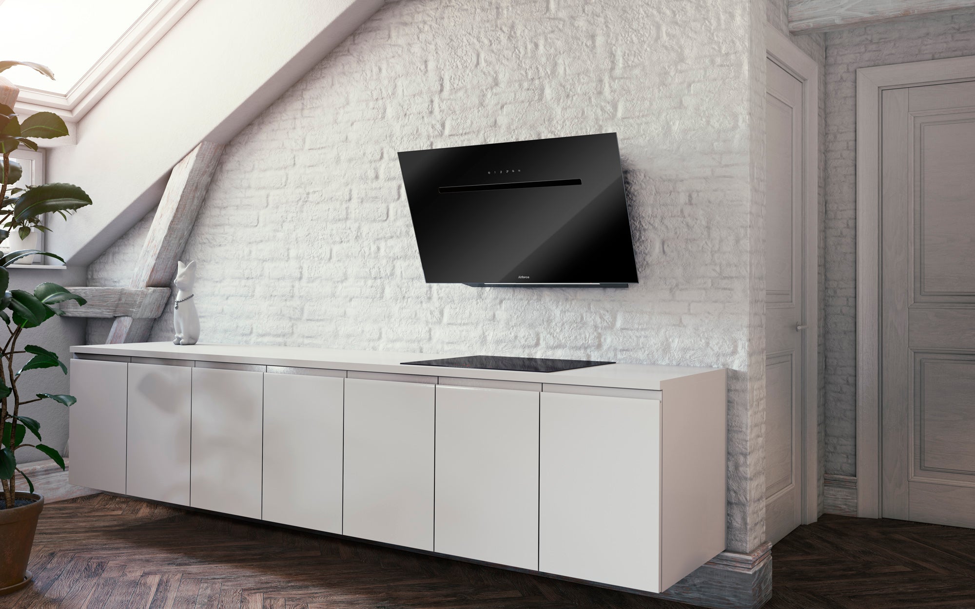 Airforce Foehn 60cm No-Drop System with Heated Glass Wall Mounted Cooker Hood Touch Control Black Glass Finish