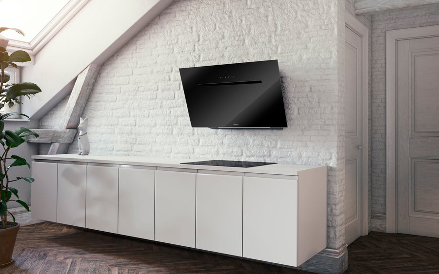 Airforce Foehn 60cm No-Drop System with Heated Glass Wall Mounted Cooker Hood Touch Control Black Glass Finish