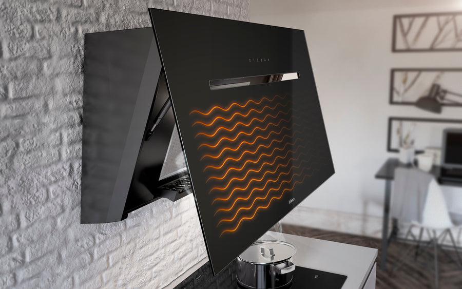 Airforce Foehn 90cm No-Drop System with Heated Glass Front Wall Mounted Cooker Hood Black Glass Finish
