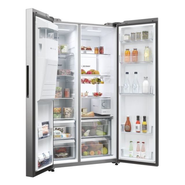 Clearance Haier HSW79F18CIMM 90cm 4 Door American Plumbed water & Ice - New Platinum Inox
