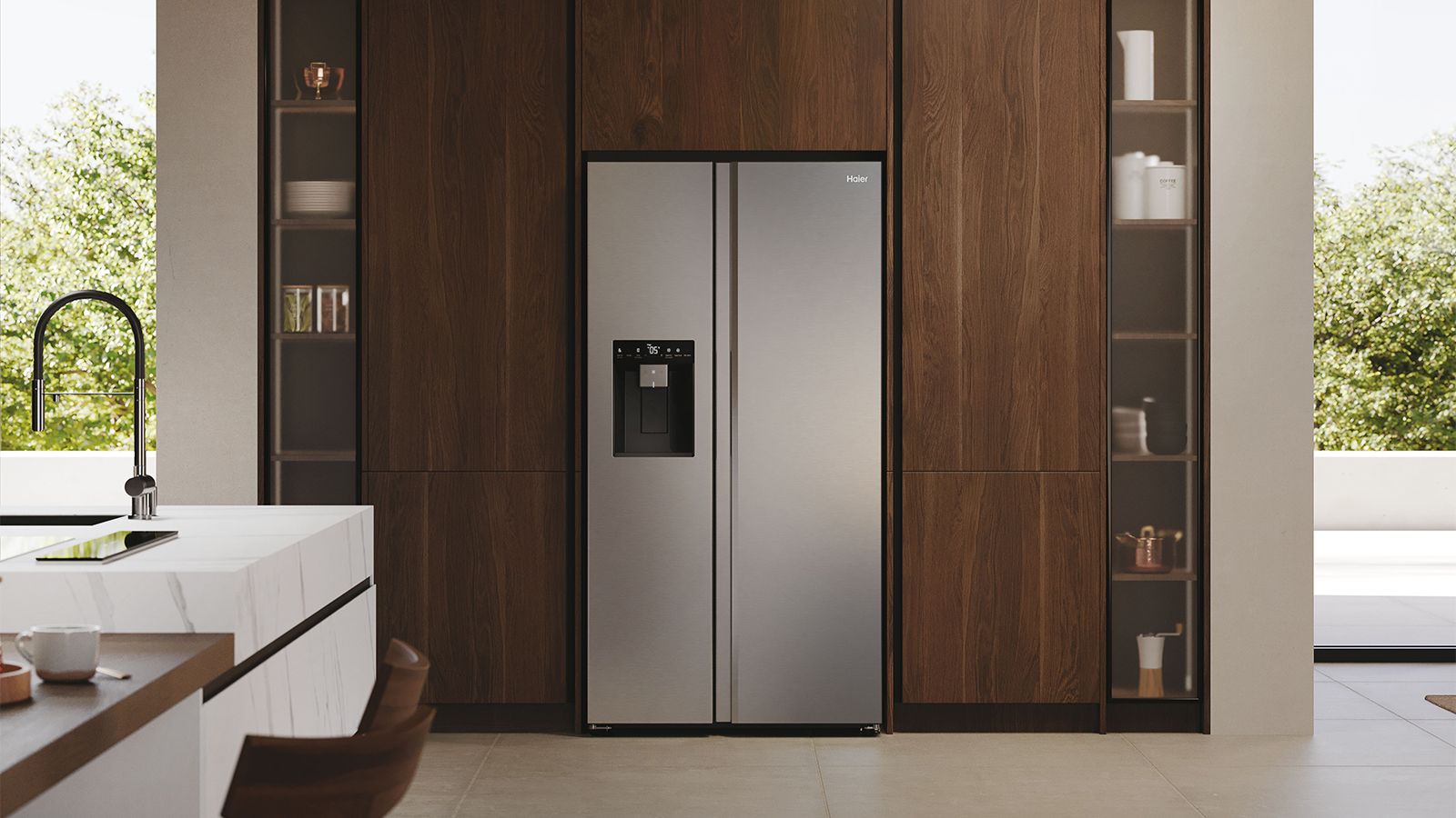 Clearance Haier HSW79F18CIMM 90cm 4 Door American Plumbed water & Ice - New Platinum Inox
