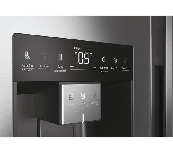 Clearance Haier HSW79F18CIMM 90cm 4 Door American Plumbed water & Ice - New Platinum Inox